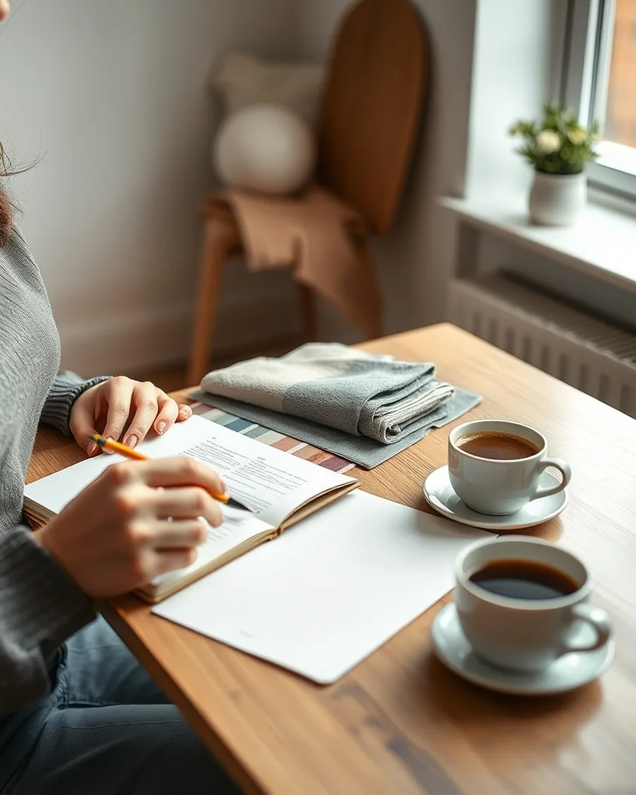 Editor at a kitchen table with fabric swatches, a notebook, and a cup of coffee