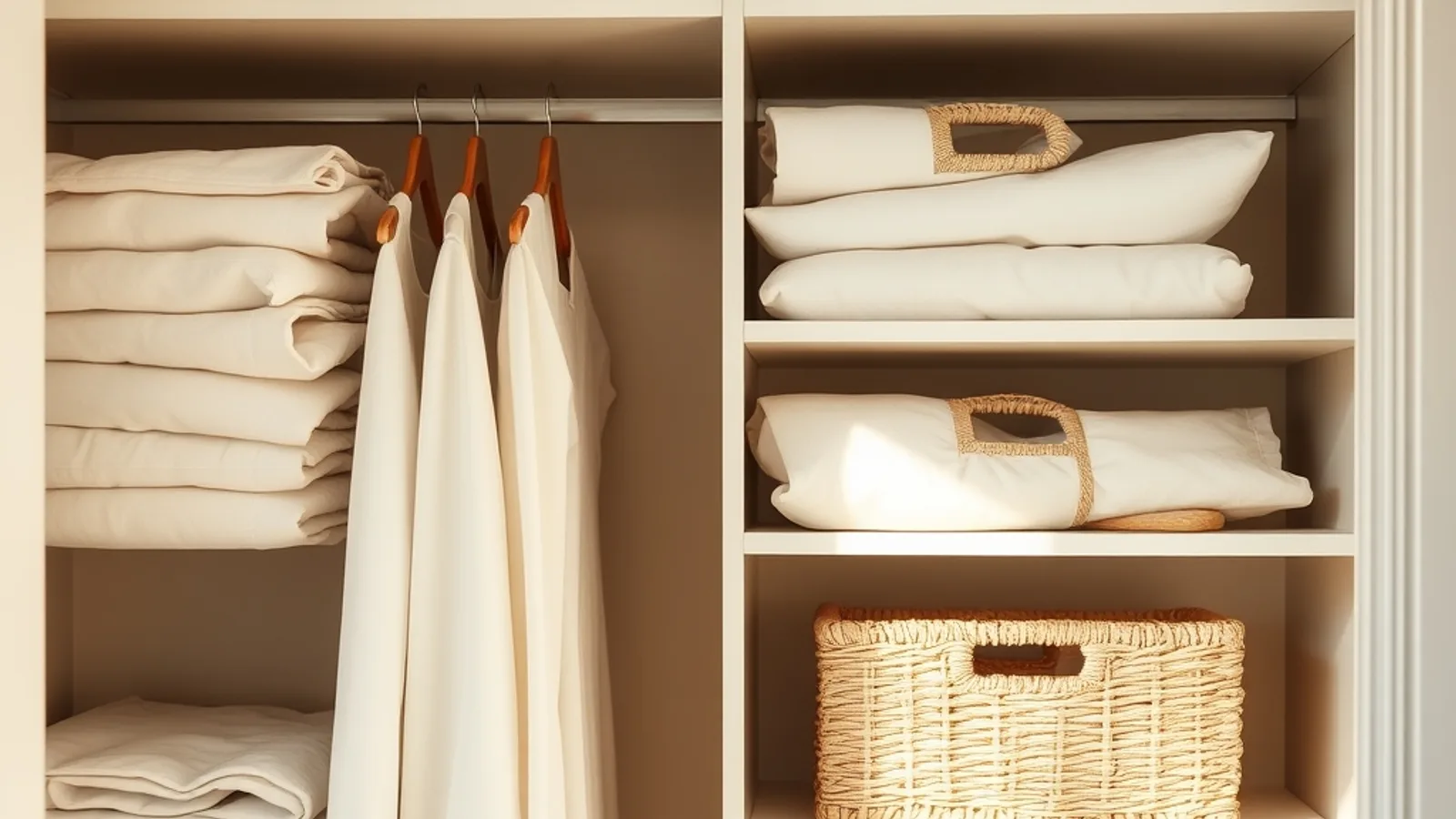Organized closet with folded linens, matching hangers, and woven baskets on a shelf