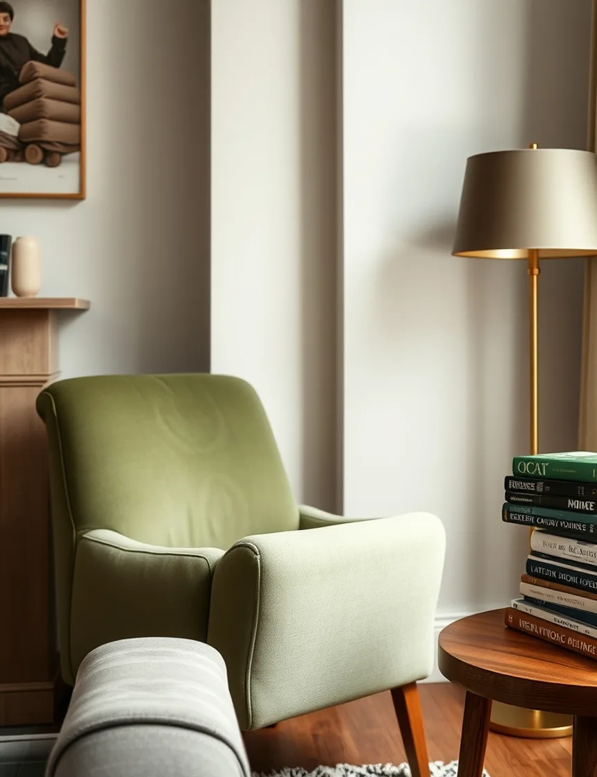 Living room corner with a sage green armchair, brass floor lamp, and a stack of books
