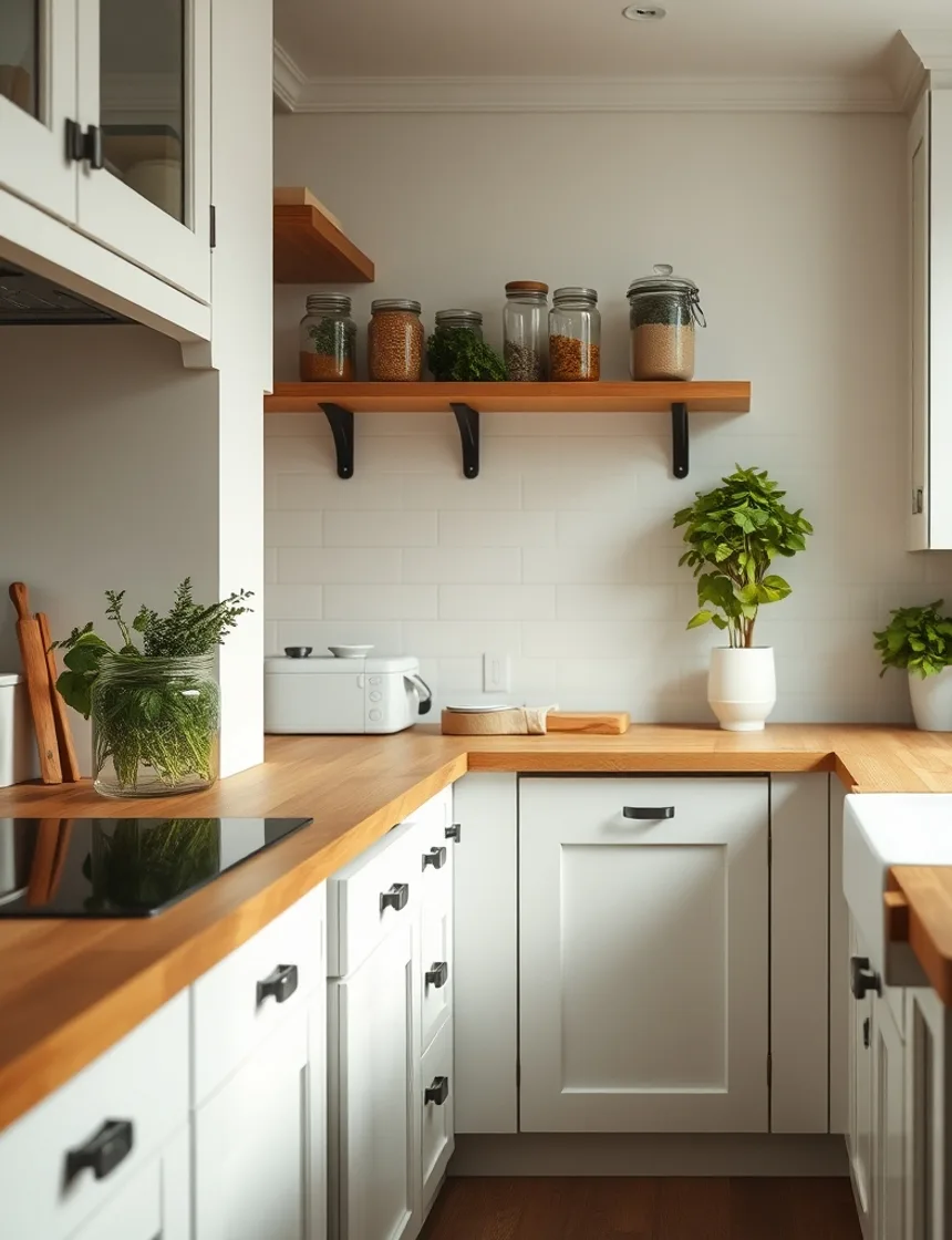 White kitchen with butcher block counters, open shelving, and fresh herbs on the windowsill