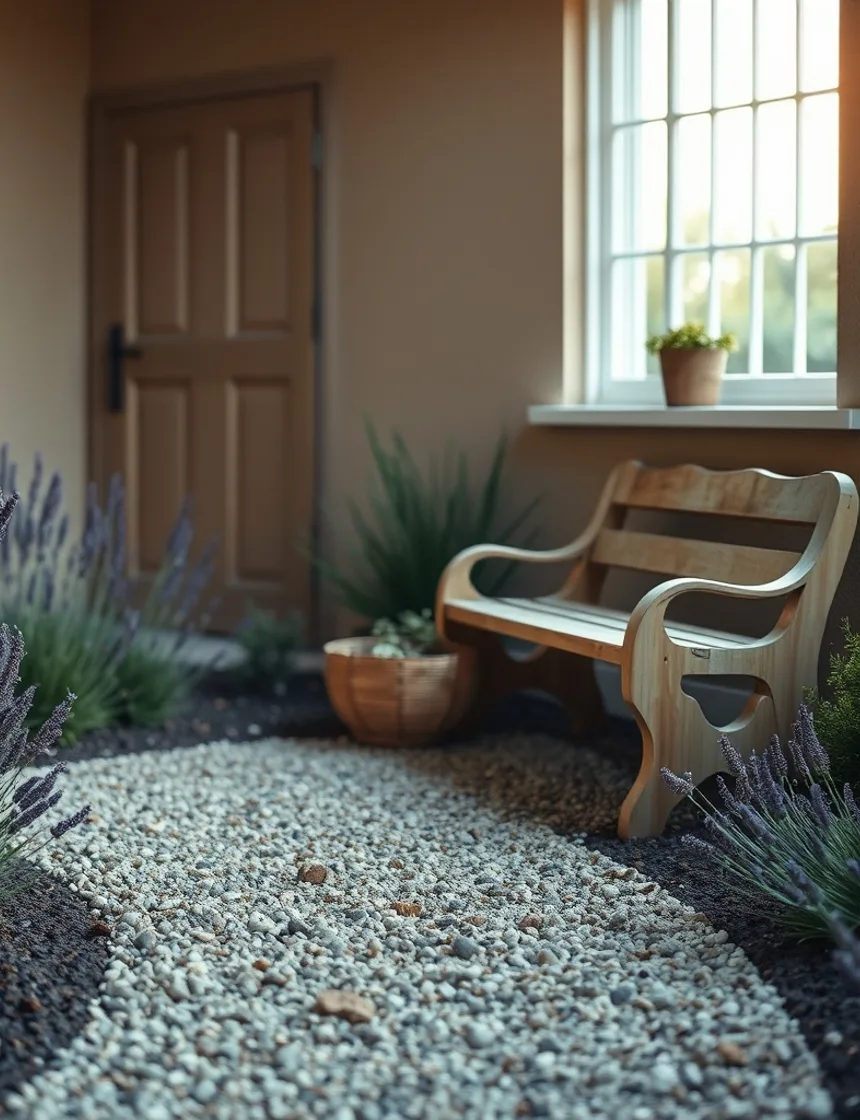 Backyard garden path with lavender, gravel, and a wooden bench in late afternoon light