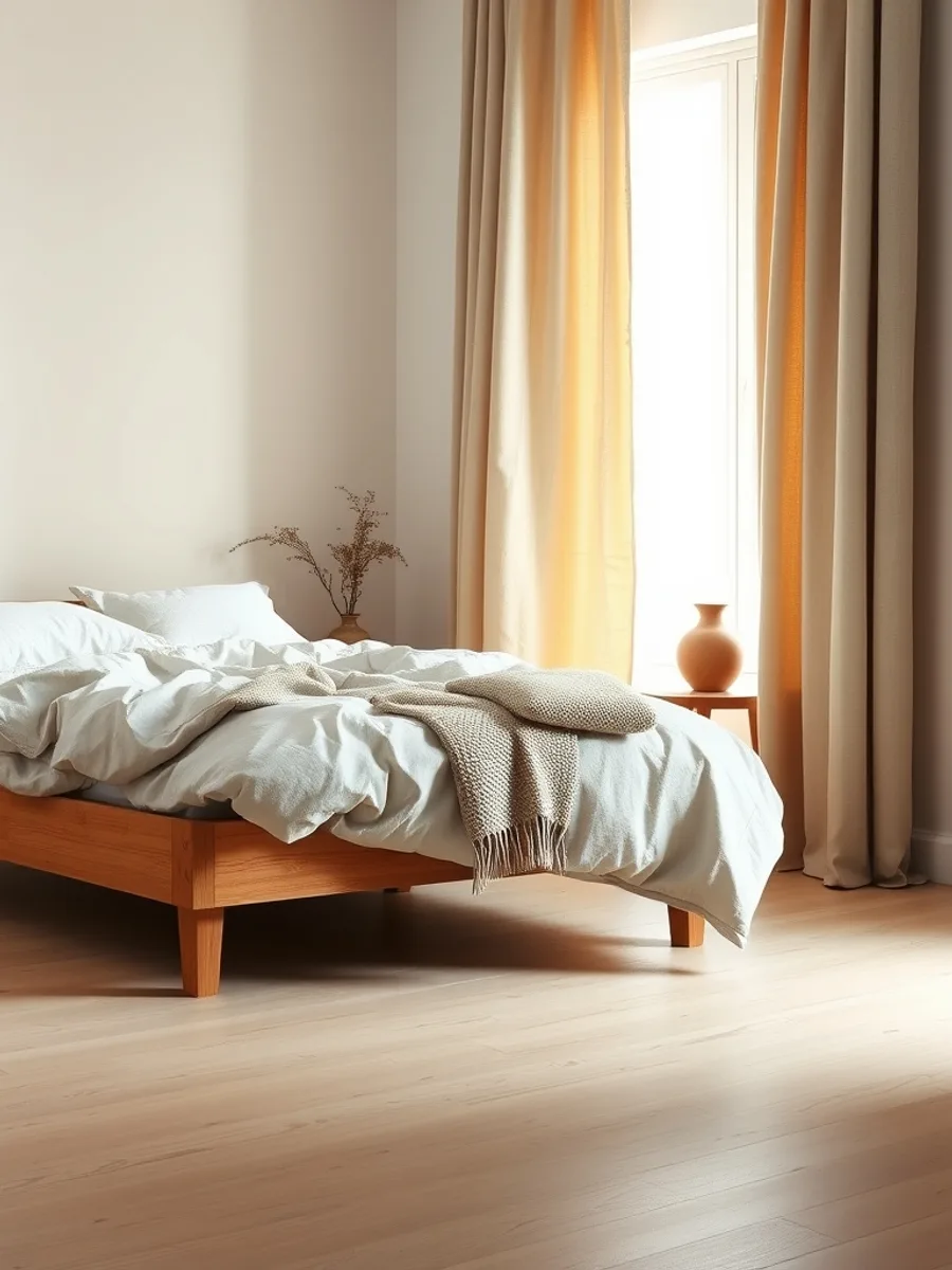 Neutral bedroom with a linen duvet, cotton pillowcases, wool throw, pale oak floor, and lined curtains at a bright window