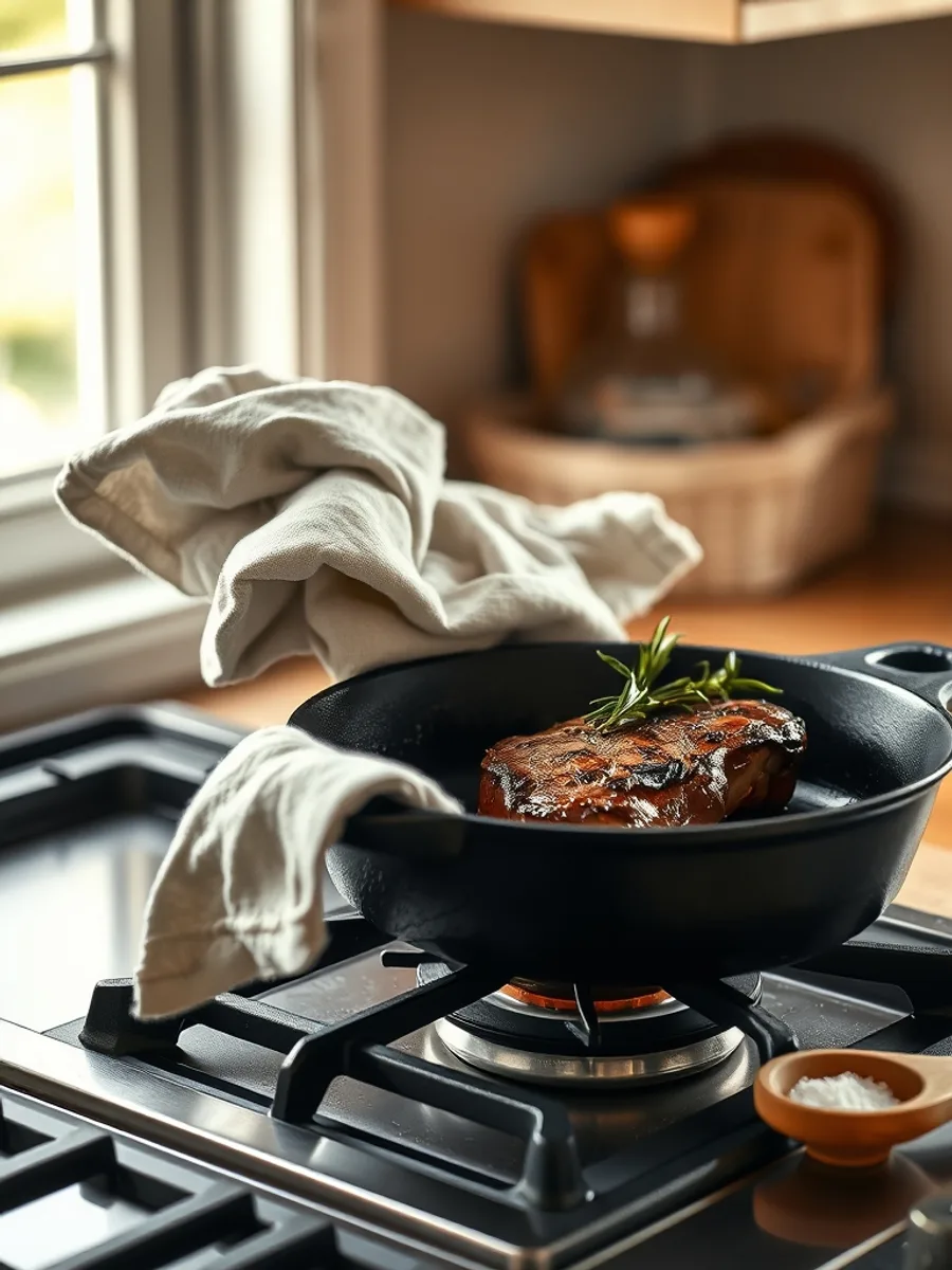 Black cast iron skillet on a gas burner with a folded cloth over its handle and a steak resting inside