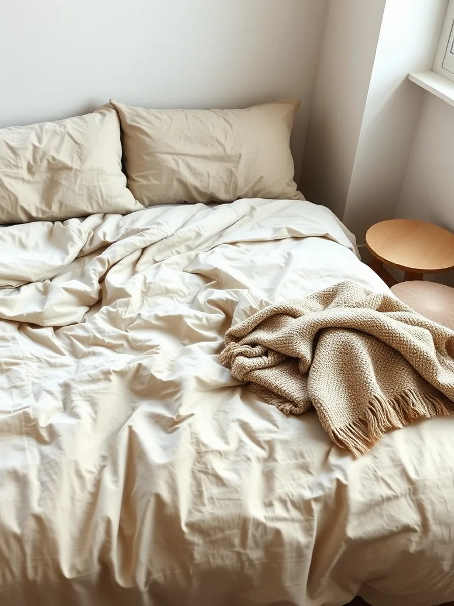 Rumpled oatmeal linen bedding on a low bed with two pillows and a folded throw in a pale bedroom