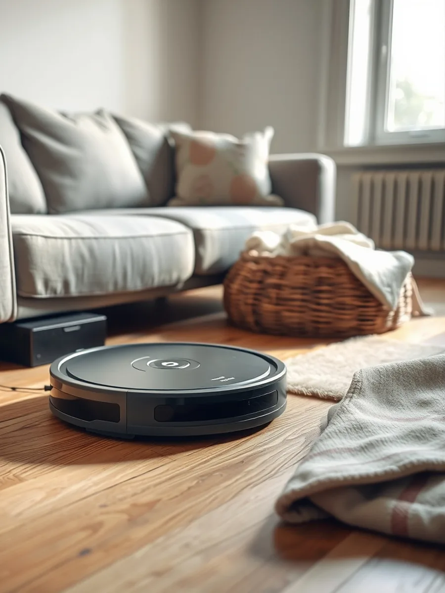 Robot vacuum docked beside a sofa on oak flooring with a dog bed and a scatter of pet hair nearby