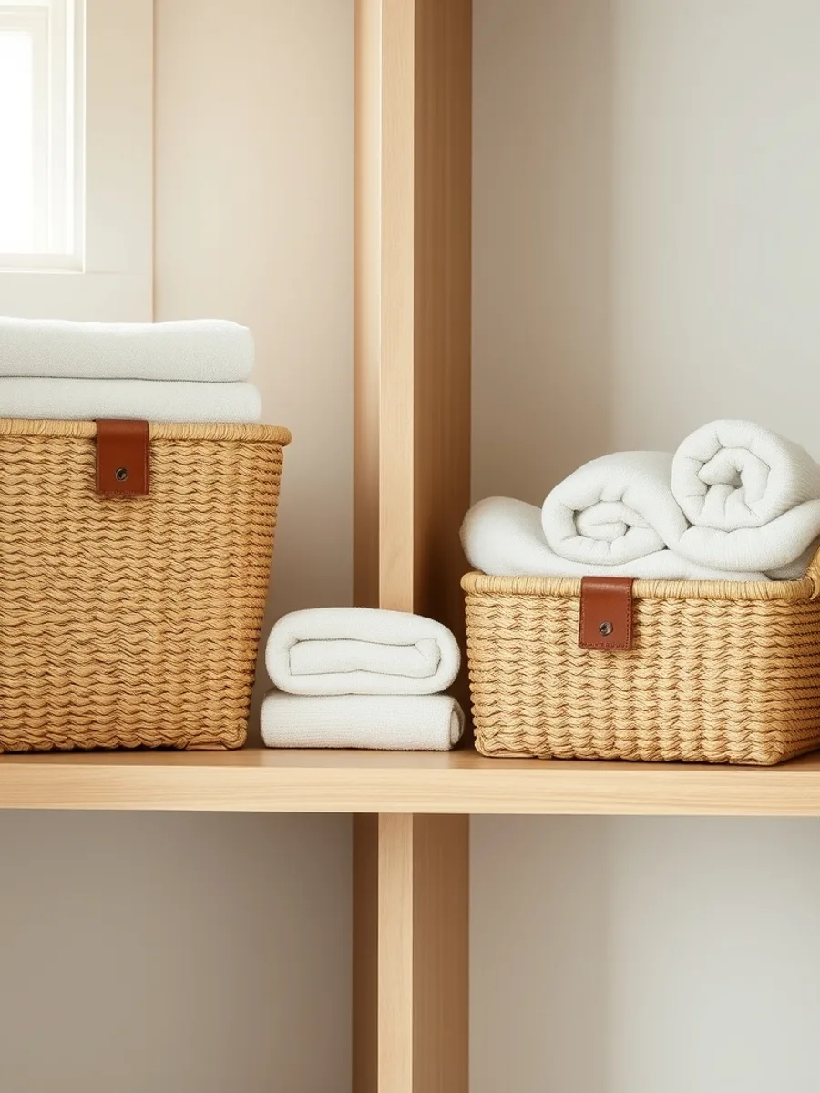 Woven seagrass baskets on pale oak shelves holding folded linen and towels in a bright closet