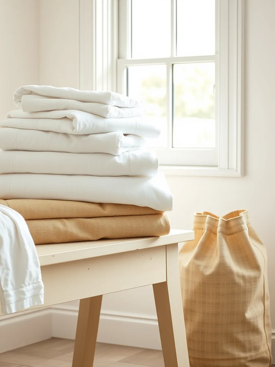 Folded white linen sheets and cotton towels stacked on a wooden bench beside a mesh laundry bag.