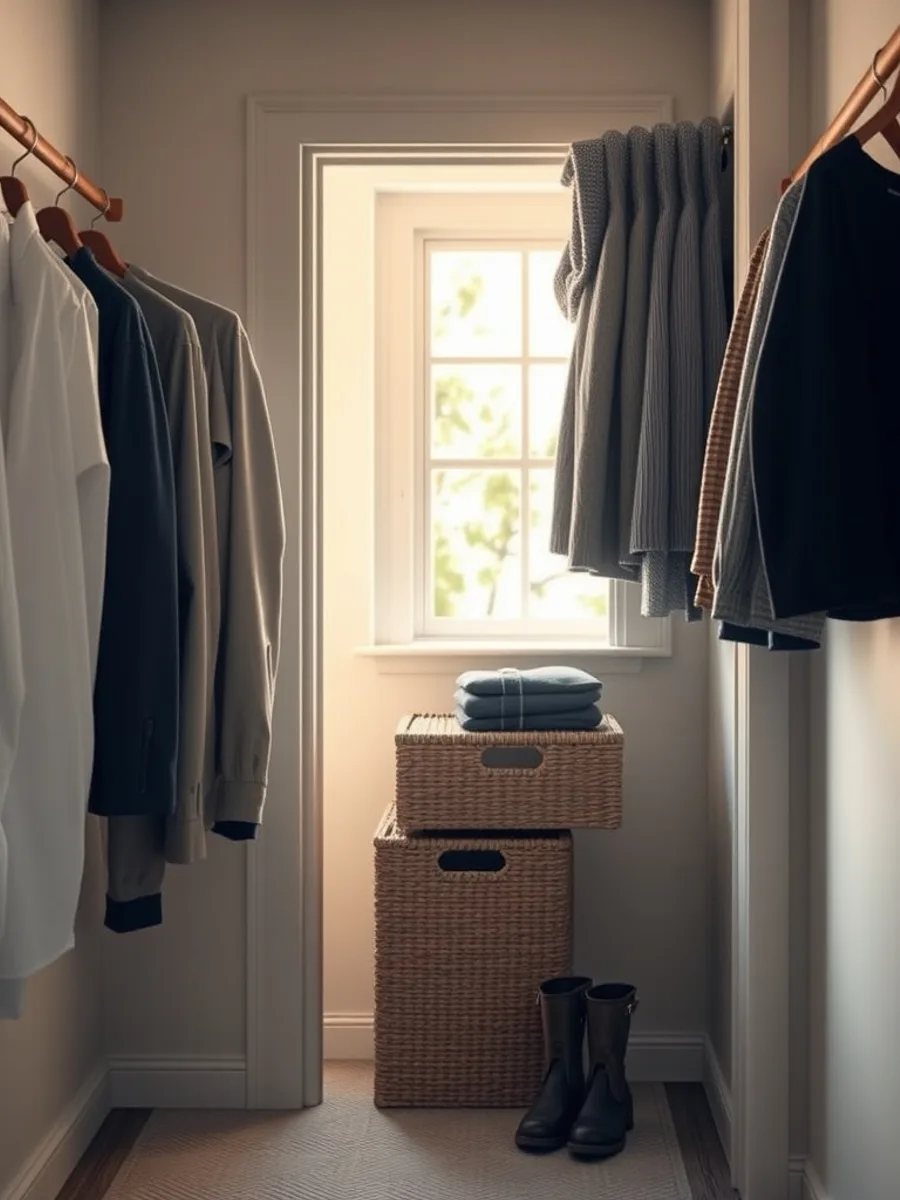 Walk-in closet with a single hanging rod of shirts, folded knitwear on an upper shelf, and two woven bins on the floor
