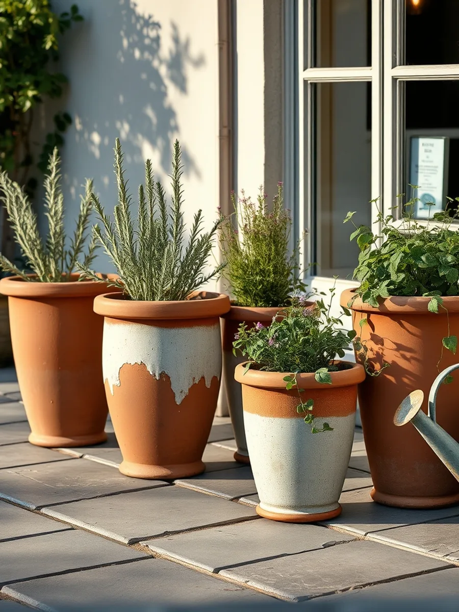 Terracotta and glazed pots of different sizes on a stone patio, filled with herbs and flowers in afternoon light