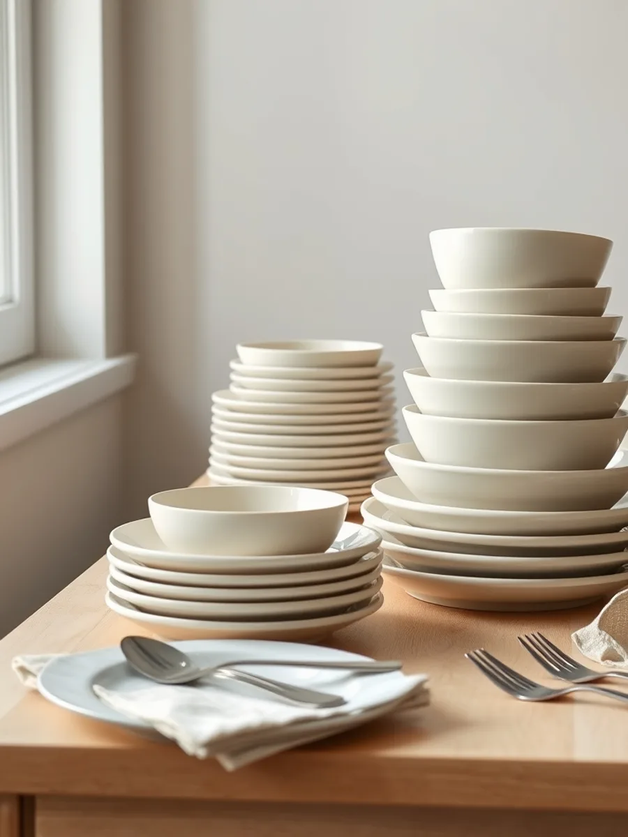 Stacks of cream stoneware plates and bowls on an oak table beside folded linen napkins, with soft daylight from a window on the left.
