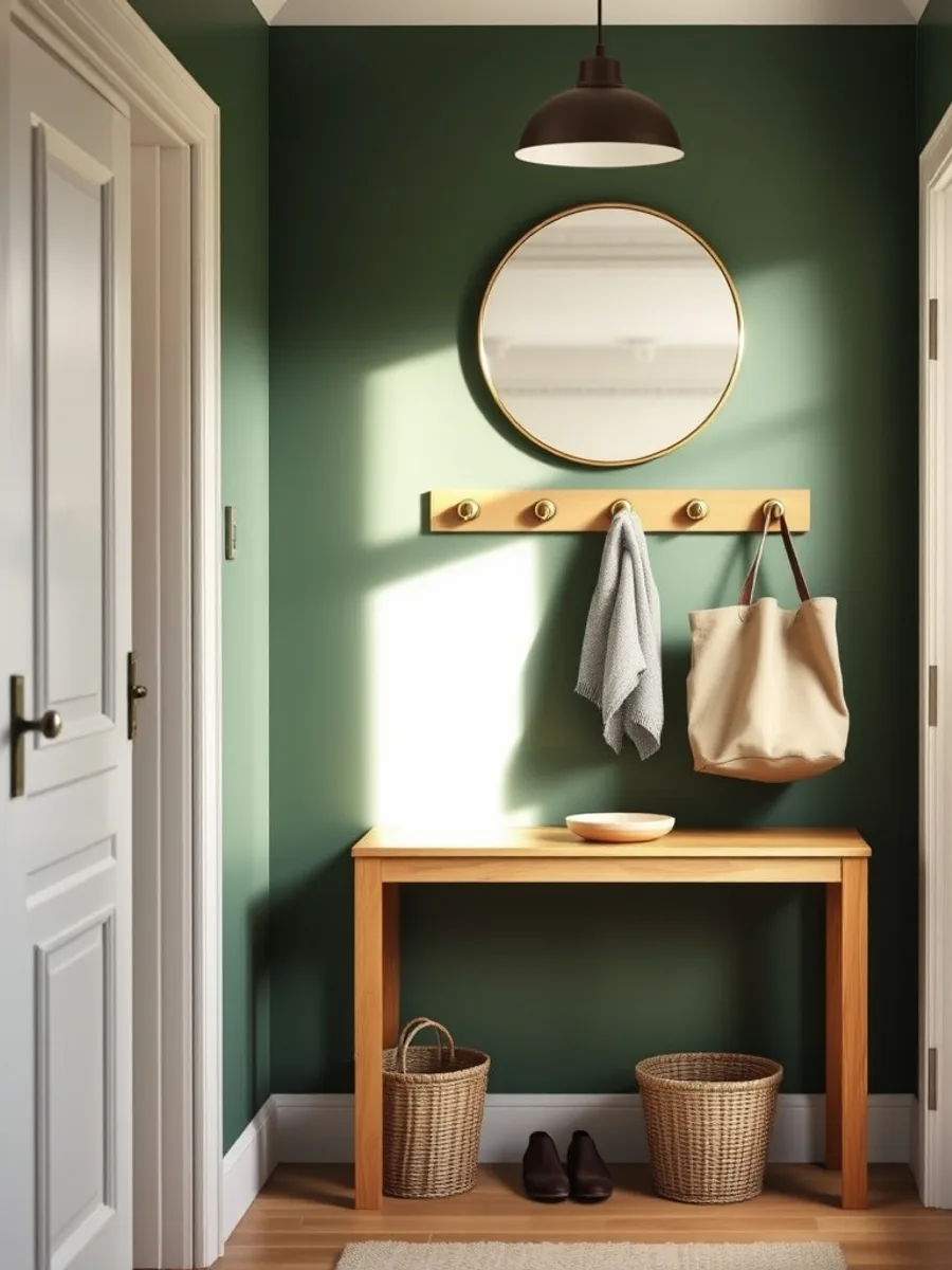 Narrow entryway with a slim oak console, round mirror, wall hooks holding two coats, and a woven basket beneath