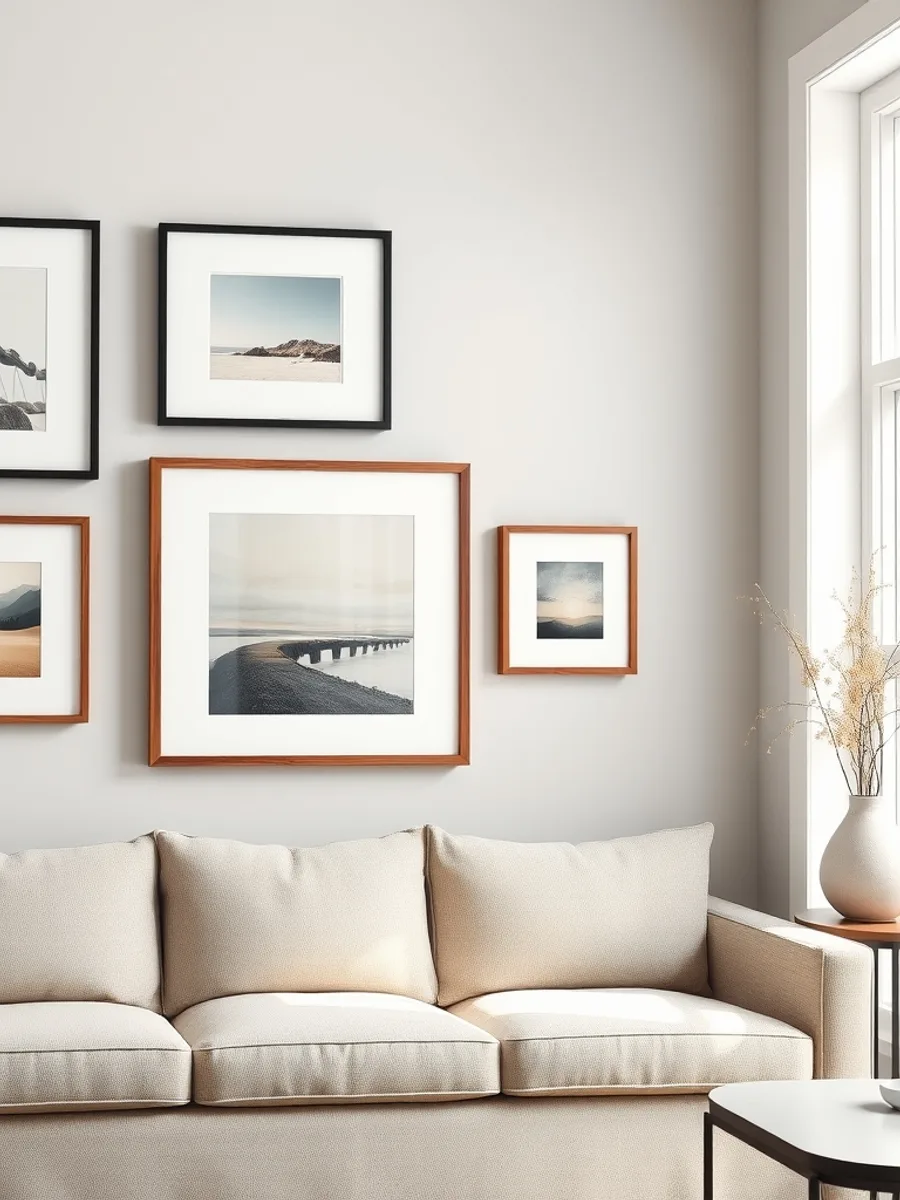 Gallery wall of six mixed frames above a low linen sofa, with visible gaps and one large anchor print in the middle