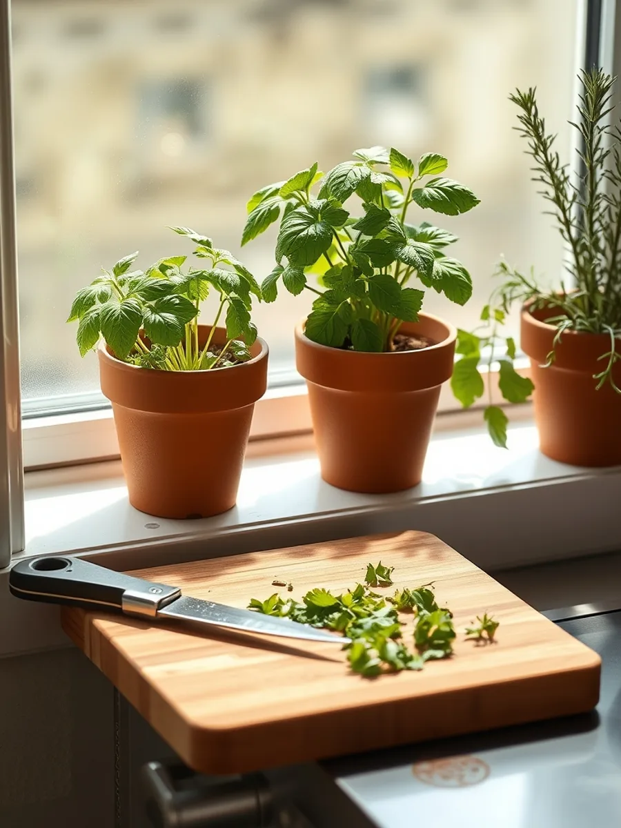 Kitchen windowsill with basil, parsley, and rosemary in terracotta pots beside a cutting board and a pair of scissors