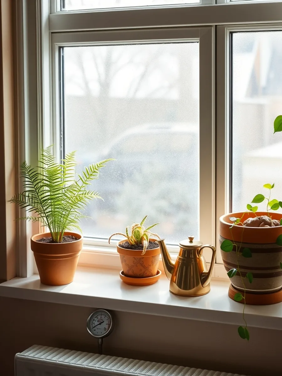 A windowsill of potted ferns and a rubber plant with a watering can and moisture meter beside them in winter light.