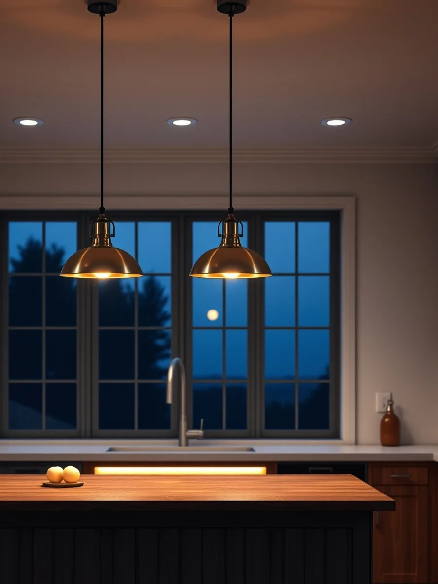 A kitchen at dusk with two pendant lights over a wooden island and a warm glow from under-cabinet lighting along the back wall.