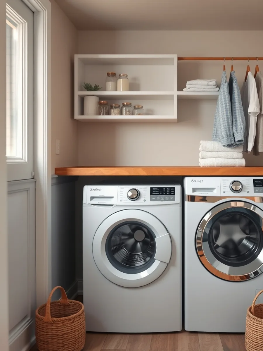 A small laundry room with a folding counter over a washer, open shelves of detergent, and a hanging rod with shirts.