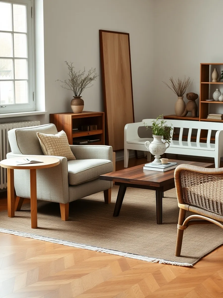 Living room mixing a pale oak side table, walnut coffee table, painted bench, and rattan chair on a warm wood floor