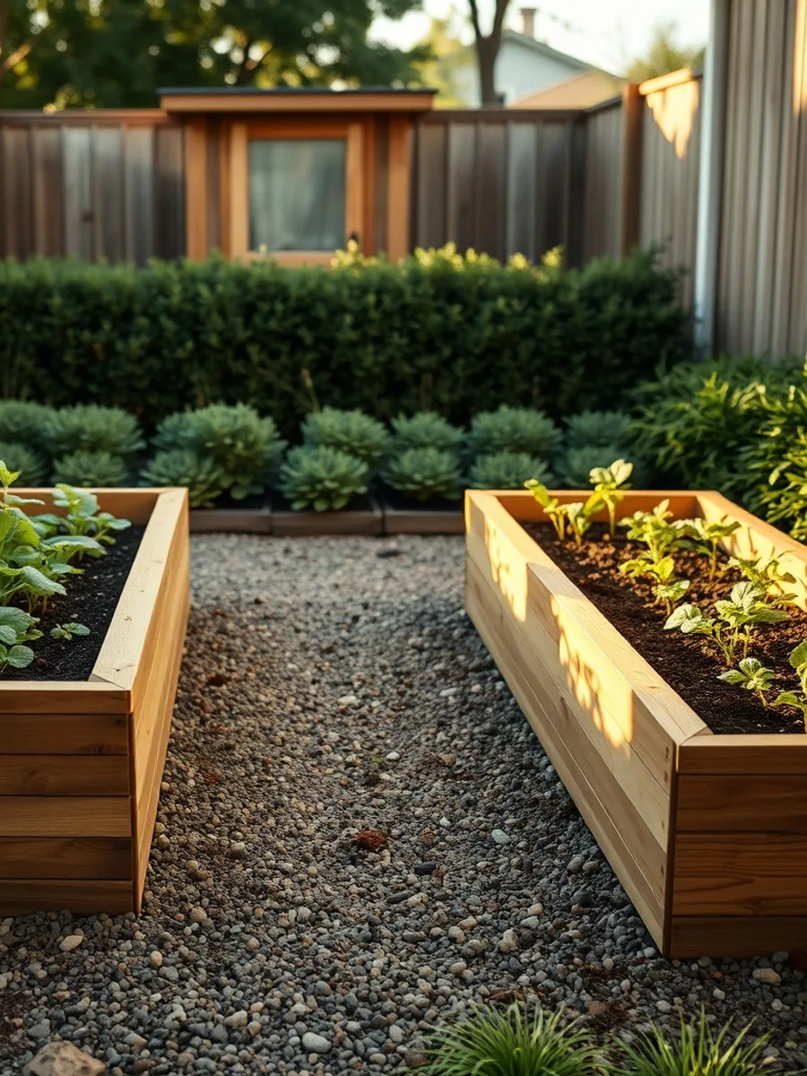 Two cedar raised beds with young vegetables in a small backyard, separated by a gravel path, with a shed and fence in the background.