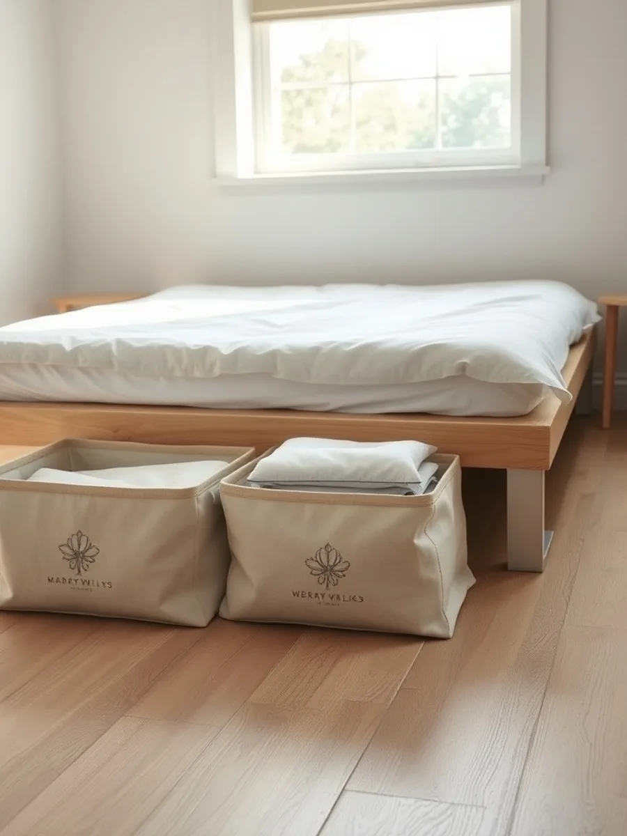 A low bed with two labeled fabric storage bags pulled partway out on a pale wood floor in a calm bedroom.