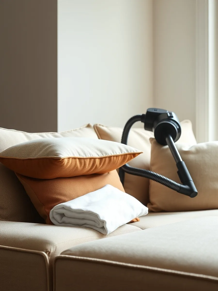 A gray linen sofa with one cushion removed, a vacuum upholstery tool and a white cloth resting on the seat.